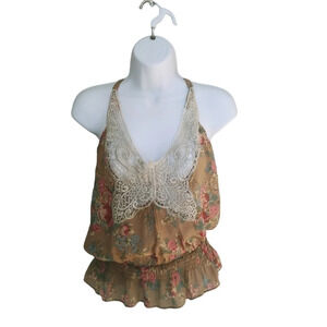 Butterfly Embroidered Halter  Top Blouse Tan Floral S